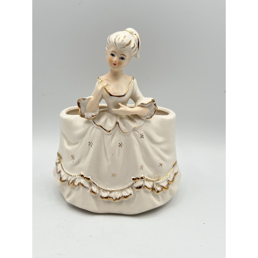 VTG‎ Velco Victorian Dress Girl Ceramic Vase Planter Brush Holder Japan Gold AC